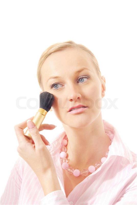 Face  on Image Of  Caucasian Woman With Makeup Brush Applying Face Powder