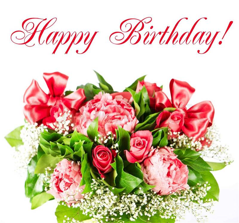 Picturebirthday Cake on Colorful Flowers Bouquet With Ribbon  Happy Birthday  Card Concept
