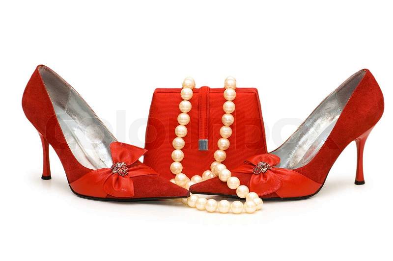  Dress Shoes on Red Shoes  Purse And Pearl Necklace Isolated