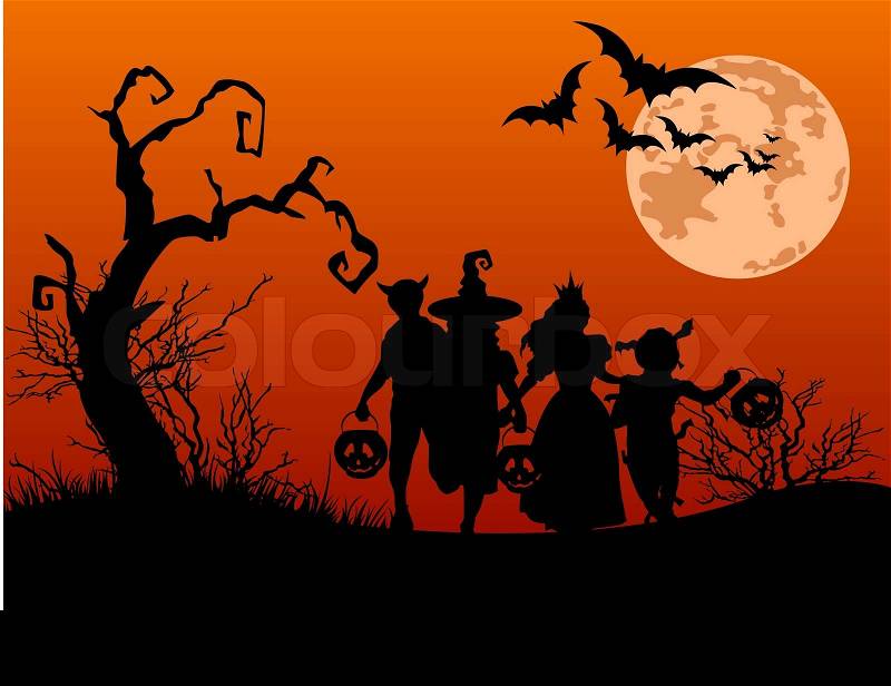 Halloween Background on Halloween Background With Silhouettes Of Children Trick Or Treating In