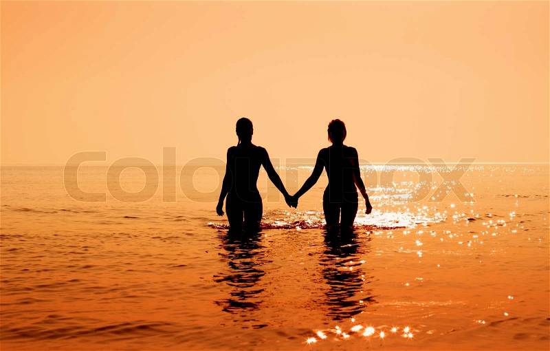 Bikini Girl Silhouette on Stock Image Of  Silhouette Image Of Two Bikini Girls Holding Hands