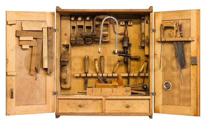 Old historic tool cabinet filled woth woodworking tools | Stock Photo ...