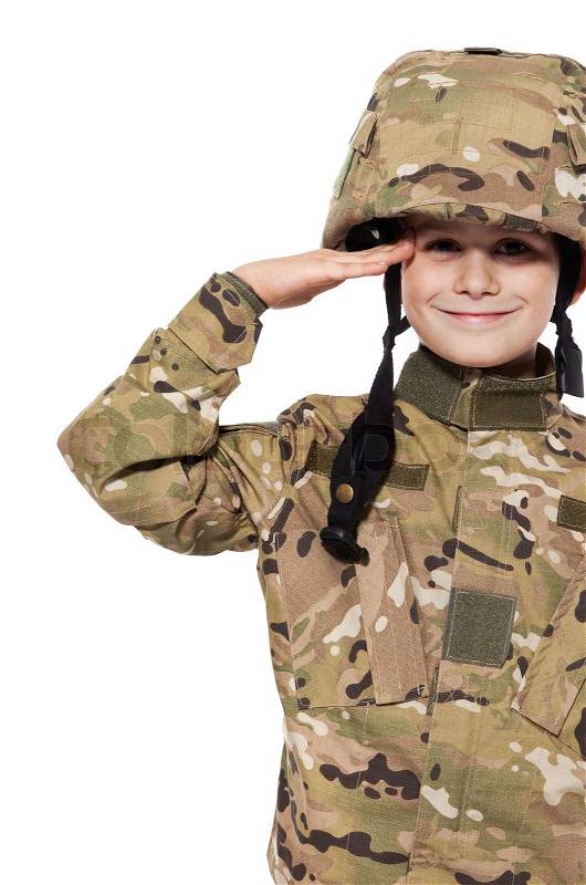 Stock image of 'Saluting soldier Young boy dressed like a soldier isolated on white'