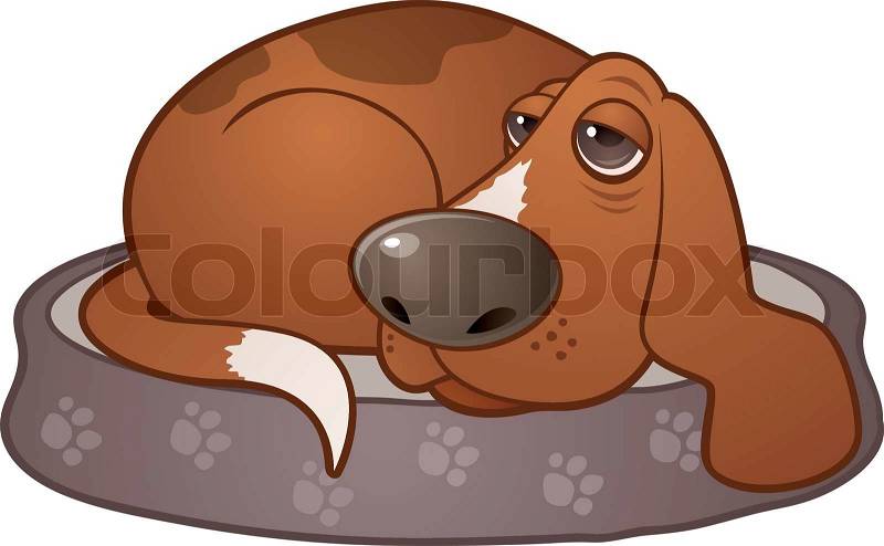 Vector cartoon illustration of a sleepy hound dog lying on a paw print ...