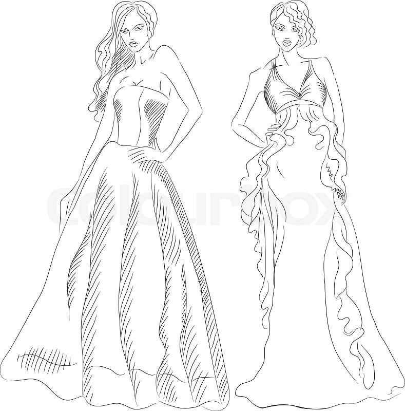 Black  White Cocktail Dress on Vector Of  Black And White Sketch Of A Beautiful Young Girls With Long