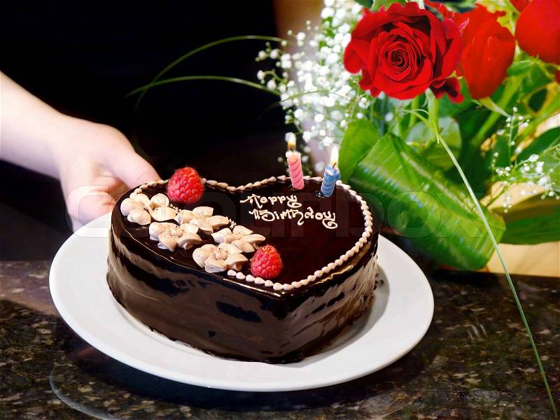 Birthday Cake Candles on Birthday Cake And Roses  Female Hands Holding Chocolate Heart Cake And