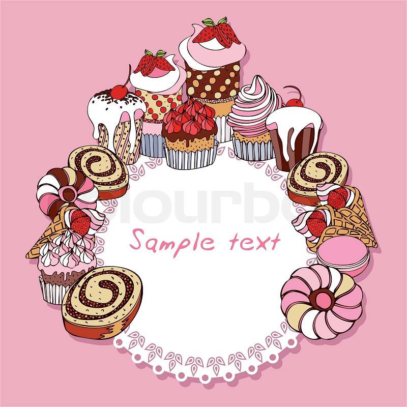  cakes, vintage frame, Invitation, greeting with cupcakes for design