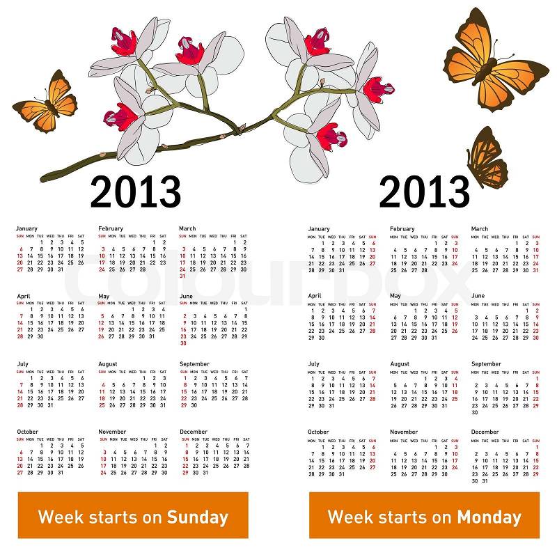 Printable 2013 Yearly Calendar on Vector Of  Stylish Calendar With Flowers And Butterflies For 2013