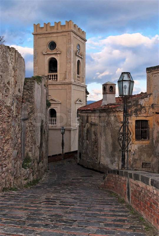 Medieval Architecture on Stock Image Of  Paved Medieval Street With Church Belfry In Savoca