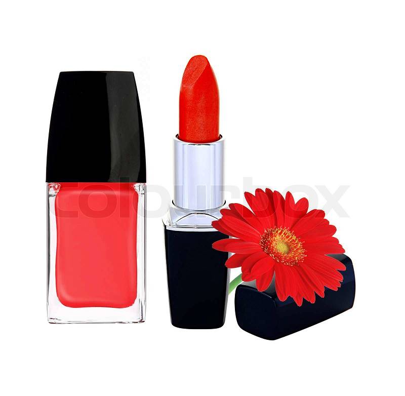 Stock image of 'red nail polish, lipstick and red gerbera flower on white