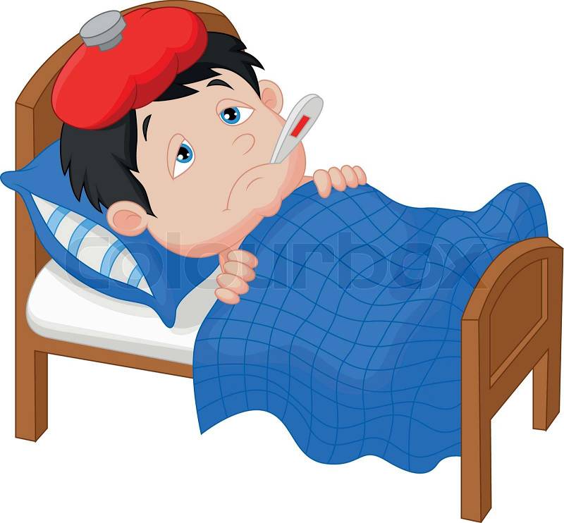Stock vector of 'Vector illustration of Sick boy cartoon lying in bed'