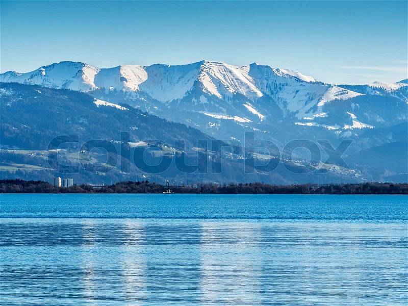 Image of lake constance Bodensee with blue sky and clouds in Bavaria, Germany, stock photo