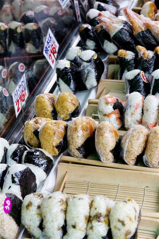 Japan traditional rice ball at Tsukiji Fish Market, Tokyo, stock photo