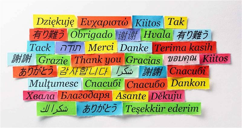 Thank You Word Cloud printed on colorful paper different languages, stock photo