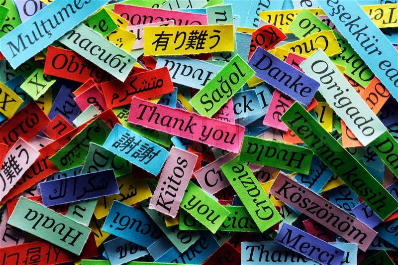 Thank You Word Cloud printed on colorful paper different languages, stock photo