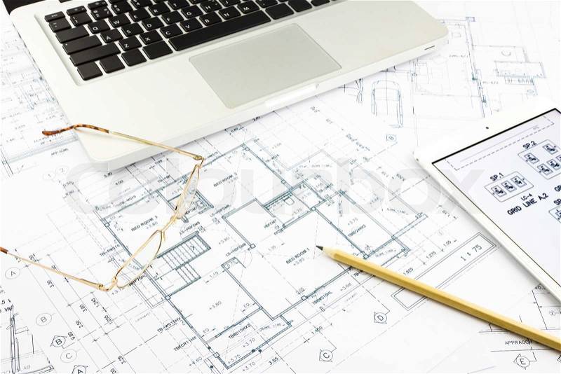House blueprints and floor plan with notebook, architecture business concepts and ideas, stock photo