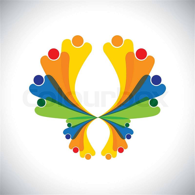 Concept vector - people joyful & excited & having fun. This colorful graphic can also represent icons of children jumping, people celebrating, friends bonding, family get-together, kids playing, vector