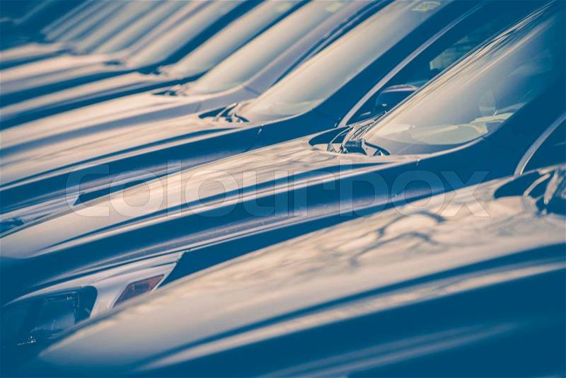 Cars For Sale. Dealer Cars Stock Lot Row. Cars Business Theme, stock photo