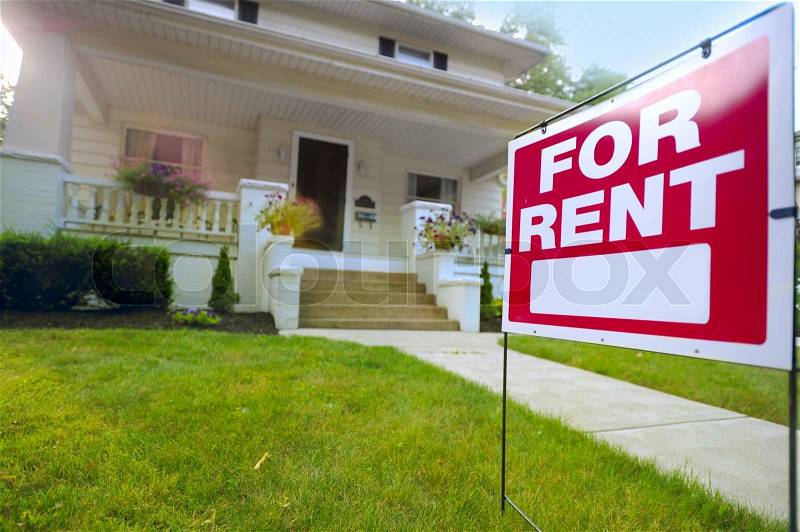 Home For Rent Sign in Front of Beautiful American House, stock photo