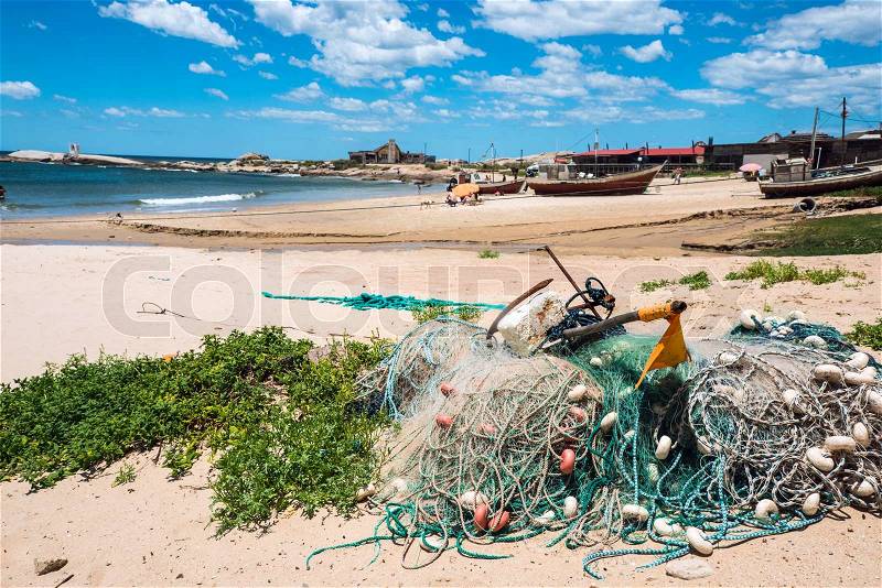 Nets on the Punta del Diablo Beach, popular tourist place and Fisherman\'s place in the Uruguay Coast, stock photo