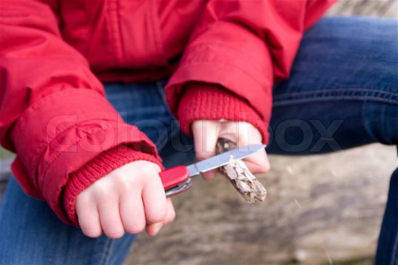 Cropped image of a child with a Swiss knife and a piece of wood, stock photo
