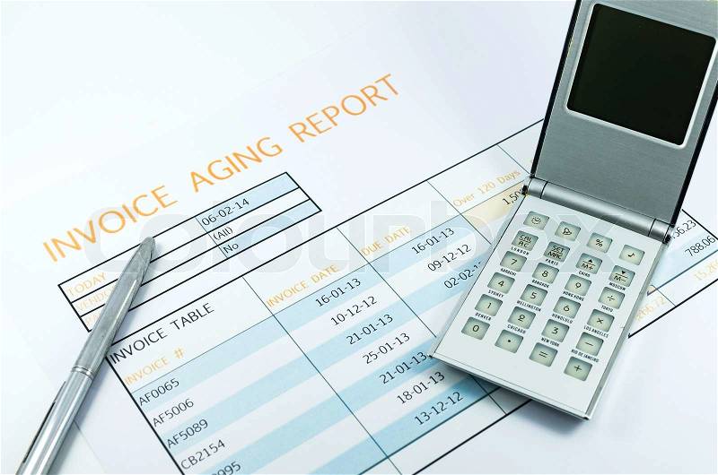 Invoice report with calculator and pen for business, stock photo
