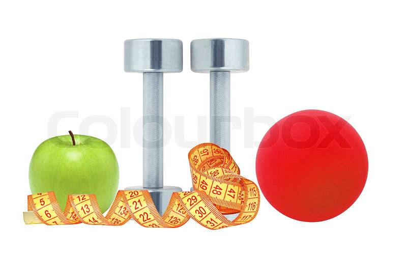 Chromed fitness dumbbells, measure tape red ball and green apple isolated on white background, stock photo