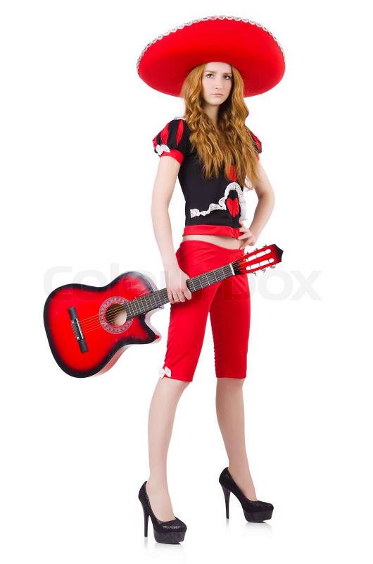 Woman guitar player with sombrero on white, stock photo