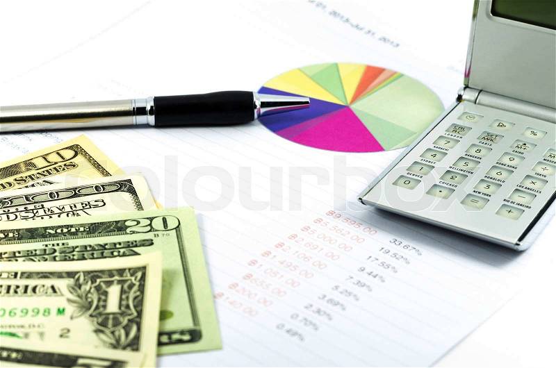 Outcome statement report with calculator, pen and usd money for business, stock photo