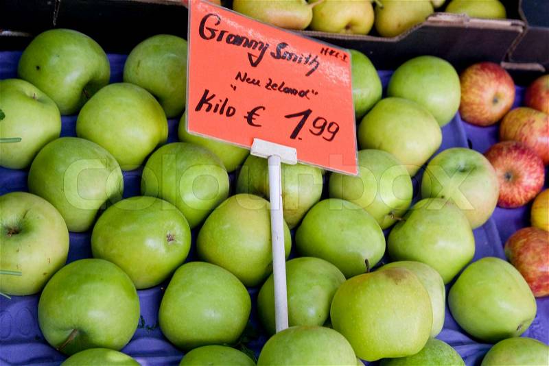 Green granny smith apples for sale, stock photo