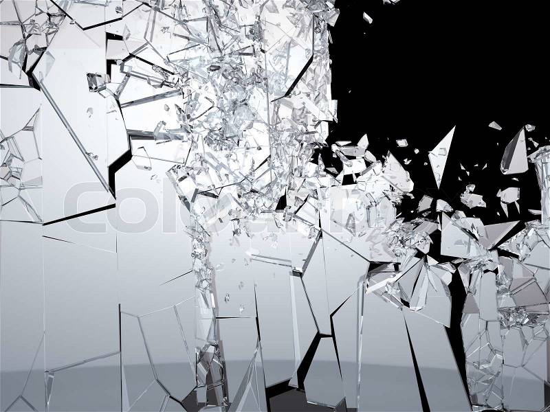 Pieces of Shattered glass on black background. Large size, stock photo
