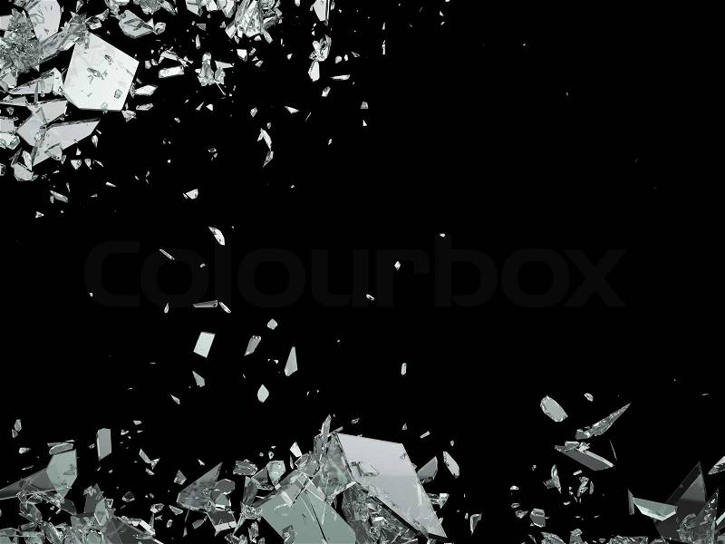 Destruction Shattered or demolished glass on black, stock photo