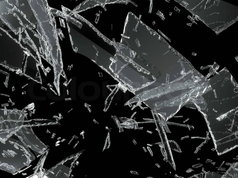 Many pieces of shattered glass on black background, stock photo