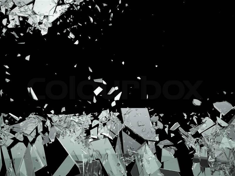 Pieces of Broken or Shattered glass isolated on black. Large size, stock photo