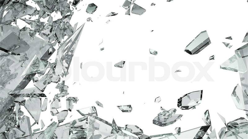 Pieces of shattered glass isolated on white. Large size, stock photo