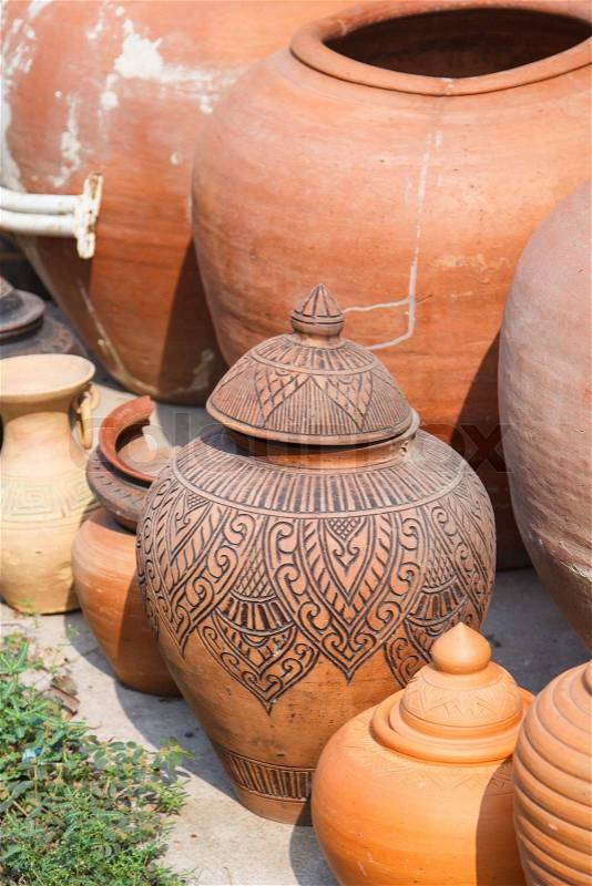 Old clay vases from handmade in antique shop, stock photo