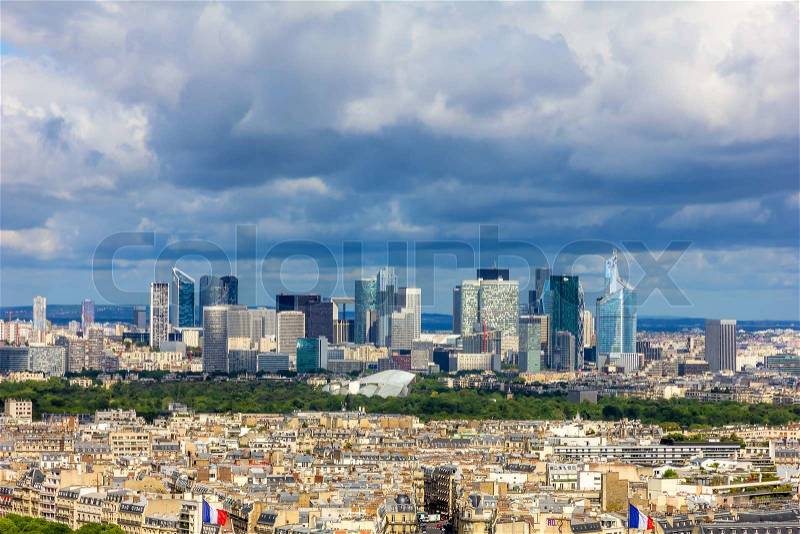 View of the old town and the modern business district of Paris - La Defense from Eiffel Tower, stock photo