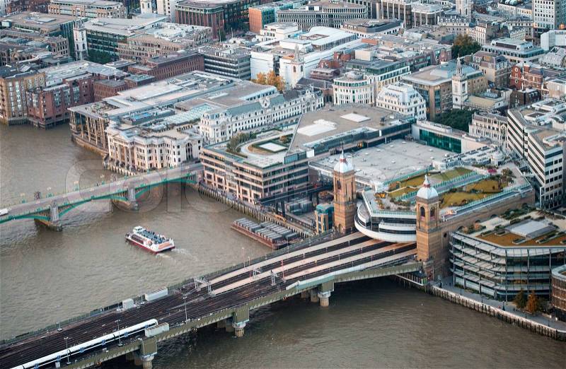London buildings along river Thames, aerial view on a beautiful day, stock photo