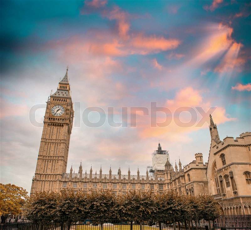 Westminster Palace. Houses of Parliament and Big Ben Tower in London, stock photo
