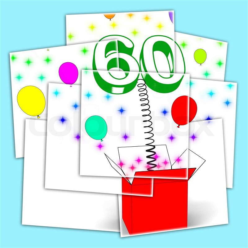 Number Sixty Surprise Box Displaying Elderly Surprise Party Or Celebration, stock photo
