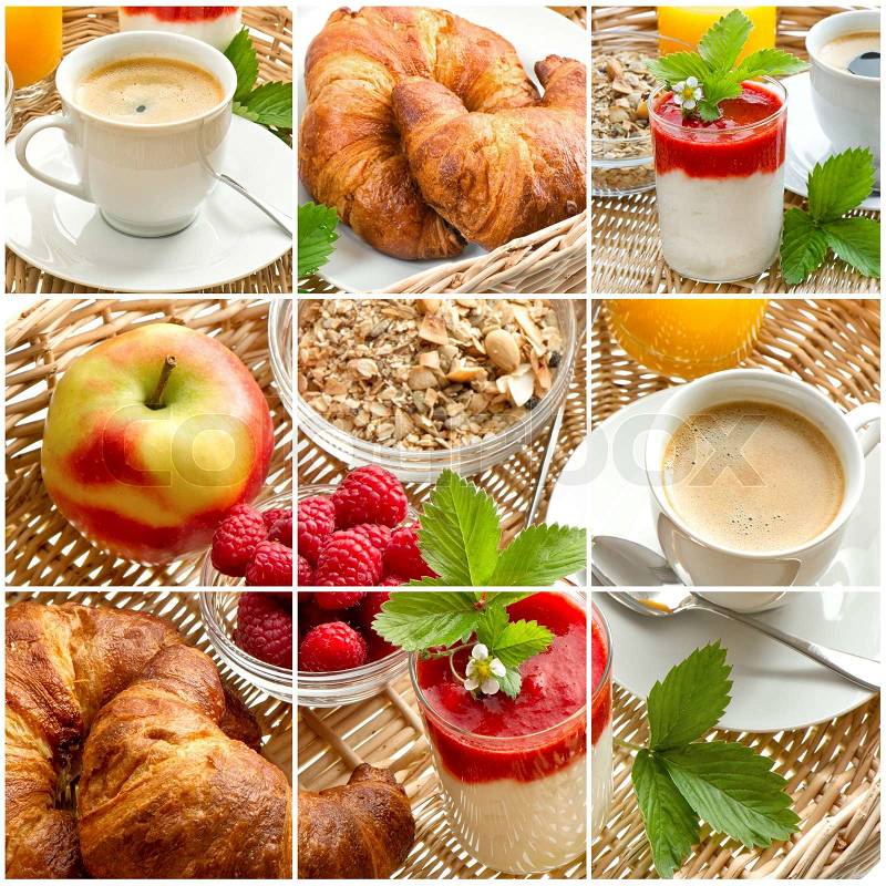 Breakfast with coffee, croissants, orange juice and fresh strawberry yogurt, stock photo