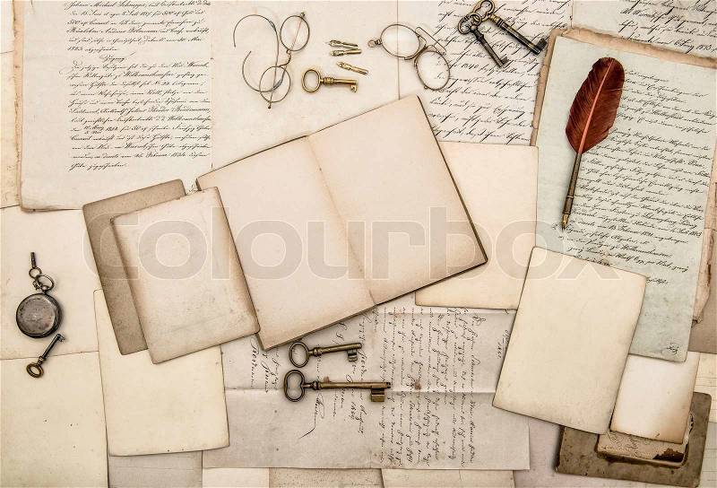 Antique accessories and office tolls, old letters and postcards. nostalgic scrapbook background, stock photo