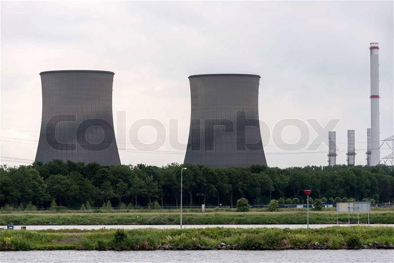 Big cooling towers for the energy power plant in Maasbracht holland, stock photo