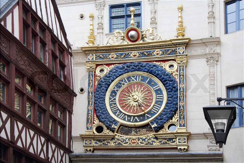 Old gold clock, Ruan, Gros horloge, Rouen, Seine-maritime, Haute-Normandie, France, stock photo