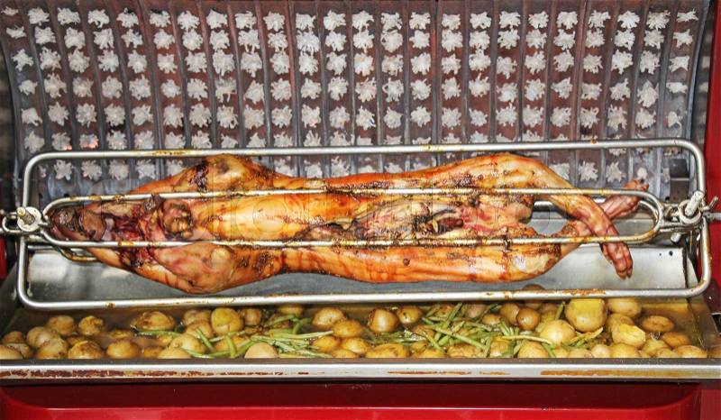 Young delicious suckling pig roasted on a spit, stock photo
