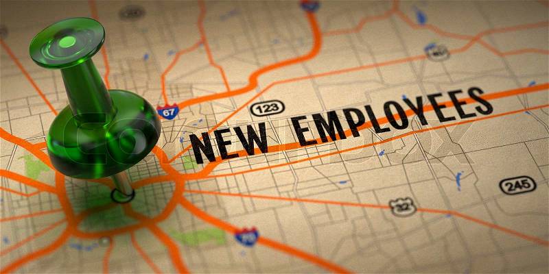 New Employees Concept - Green Pushpin on a Map Background with Selective Focus, stock photo