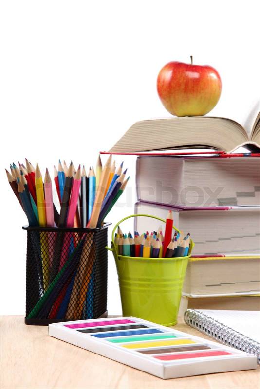 School and office supplies on a wooden table. Back to school, stock photo