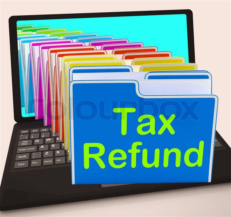 Tax Refund Folders Laptop Showing Refunding Taxes Paid, stock photo
