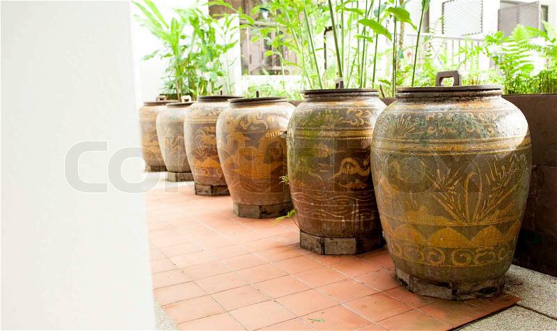 Ancient Thai Jars for storage rainwater, stock photo