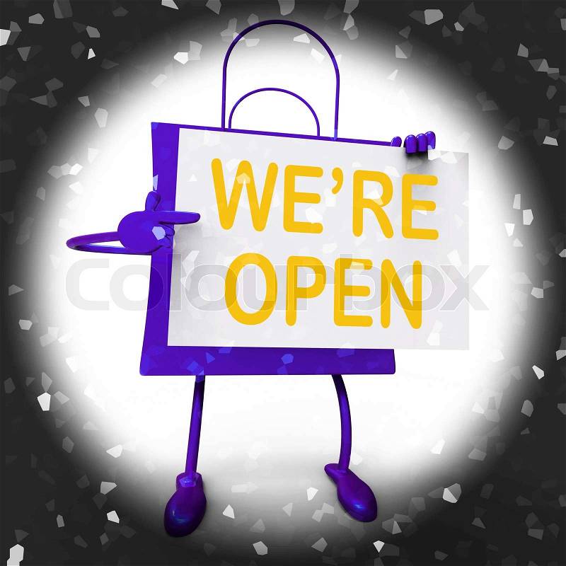 We\'re Open Sign on Shopping Bag Showing New Store Launch Or Opening, stock photo